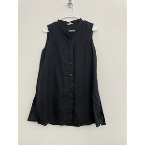 Eileen Fisher Button Down Tank Top Women M Black Linen Classic Coastal Office